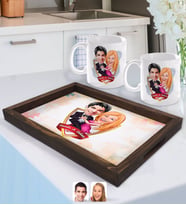 BK Gift Kişiye Özel İsimli Sevgililer Karikatürlü Doğal Ahşap Tepsi ve 2’li Kupa Bardak Seti-13