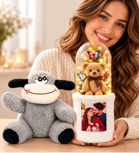 Kişiye Özel Fotoğraflı LED Işıklı Fanuslu Ayıcık Buketi ve Peluş Eşek Hediye Seti