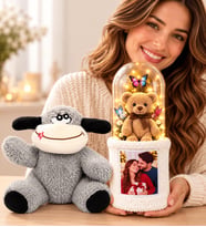 Kişiye Özel Fotoğraflı LED Işıklı Fanuslu Ayıcık Buketi ve Peluş Eşek Hediye Seti