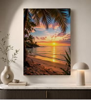 BK Gift Tropikal Sahil Gün Batımı Palmiye ve Deniz Manzaralı Dekoratif Kanvas Duvar Tablosu 50x70 cm