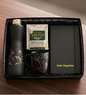 Kişiye Özel İsimli Mat Siyah & Gold Kahve Seti  Cam Suluk , Kupa, Defter ve Pratik Filtre Kahve