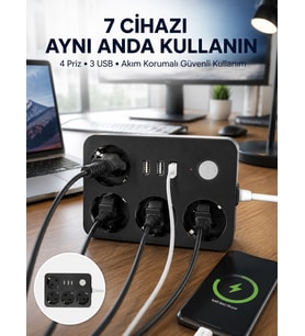 3 USB Çıkışlı 4’lü Akıllı Priz 2500W 2 Metre Kablo