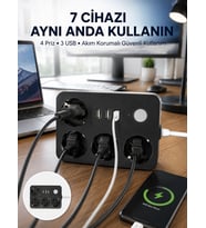 3 USB Çıkışlı 4’lü Akıllı Priz 2500W 2 Metre Kablo