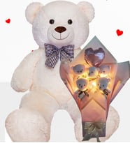 Büyük 90 cm Peluş Ayı ve LED Işıklı Pembe Balonlu Romantik Peluş Ayıcık Buketi – Sevgililer Günü Özel Gün Hediyesi (Beyaz)