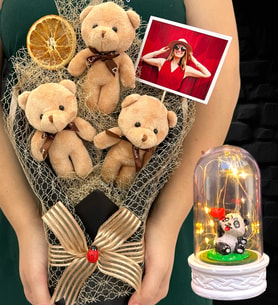 Size Özel Fotoğraflı Kahve Ayıcık Buketi ve Led Işıklı Fanus - Premium Hediye Seti (Model 7)