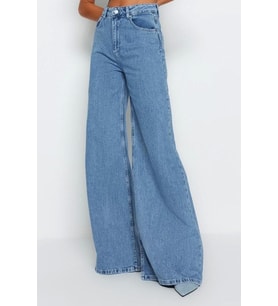 Stil Kadın Moda Denim Kot Pantolon Uzun Geniş Paça Mavi Yüksek Bel Ekstra Palazzo Jeans