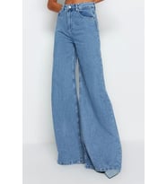 Stil Kadın Moda Denim Kot Pantolon Uzun Geniş Paça Mavi Yüksek Bel Ekstra Palazzo Jeans