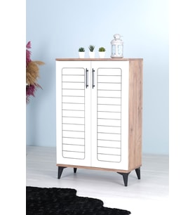 Luna 2 Kapaklı 4 Bölmeli Modern Ayakkabılık Beyaz / Çam Desenli 70x108x35 Cm