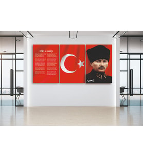 Leylaser Atatürk,  Türkiye Bayrağı ( Ay Yıldız Bayrak ) İstiklal Marşı  Üçlü Kombin Cam Tablo Dekoru