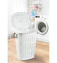 Şık 65 Litre Bambu Desenli Çamaşır Sepeti, Halat Kulplu, Beyaz Renk