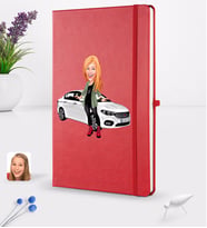 BK Gift Kişiye Özel Plakalı Kadın Fiat Egea Karikatürlü Kırmızı Termo Deri Defter 16x24cm Model 1