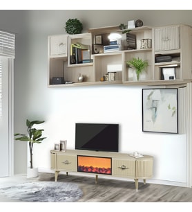 Maya Şömineli Tv Sehpası Cappuccino Gümüş Mebran Kapaklı 2 Kapaklı 180x40x50 Cm