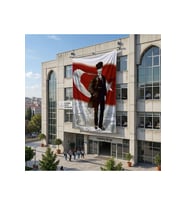TakımElbiseli Mustafa Kemal Atatürk Türk Bayrağı Önünde Poster Bayrak Raşel Kumaş 6x9 metre ATA1