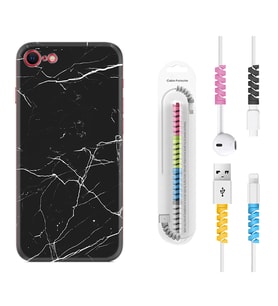 Apple iPhone 5 6 7 8 Plus Se XR Kılıf Kablo Koruma Spiral Silikon Siyah Mermer 1299