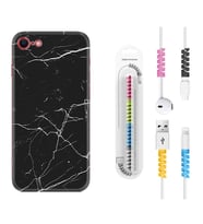 Apple iPhone 5 6 7 8 Plus Se XR Kılıf Kablo Koruma Spiral Silikon Siyah Mermer 1299