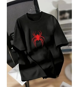 Baskılı Oversize Bisiklet Yaka T-shirt - Siyah