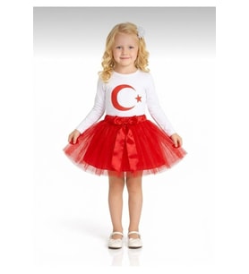 Kız Çocuk 23 Nisan 29 Ekim Gösteri Kıyafeti Beyaz Uzun Kol Ayyıldız T-shirt Kırmızı Tütü Etek Takım