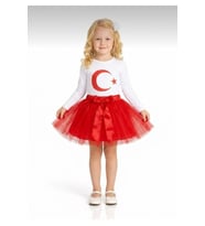Kız Çocuk 23 Nisan 29 Ekim Gösteri Kıyafeti Beyaz Uzun Kol Ayyıldız T-shirt Kırmızı Tütü Etek Takım
