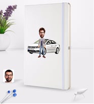 BK Gift Kişiye Özel Plakalı Erkek Volkswagen Passat Karikatürlü Beyaz Termo Deri Defter 16x24cm Model 1