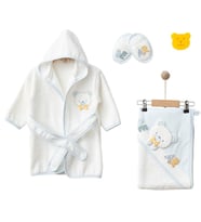 Premuım Bear Nakışlı Bebek Pamuklu Bornoz Seti Hediyelik 0- 24 ay (Mavi)