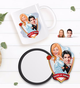 BK Gift Kişiye Özel Evleniyoruz Karikatürlü Beyaz Kupa ve Ahşap Bardak Altlığı Hediye Seti-2