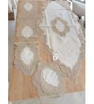 Salon Takımı Bellisima Çeyizlik Kreme Kapi Runner Set 5 Parça Keten Ranır Masa Sehpa Konsol Örtüsü