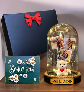 Sizlere Özel İsimli ve 3 Fotoğraflı Led Işıklı Fanus, Siyah Hediye Kutusunda (Model 3)
