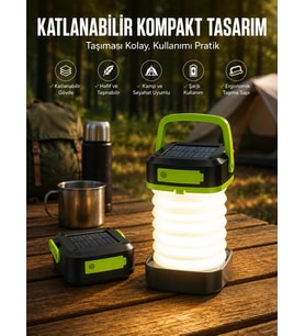 Katlanabilir Kamp Lambası Solar Fener Görünümlü 3 Kademeli Şarjlı