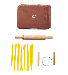 Kahve Çamur Kırmızı Kil Seramik Hamuru 1 kg Plastik Ebeşuar Seti Ahşap Merdane Çamur Kesme Teli