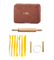 Kahve Çamur Kırmızı Kil Seramik Hamuru 1 kg Plastik Ebeşuar Seti Ahşap Merdane Çamur Kesme Teli