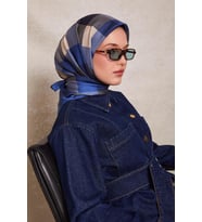 Noktalı Kareli Baskı Twill İpek Eşarp-0934 (Saks)