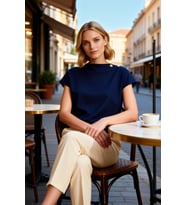 Kadın Bluz Crop Regular Kalıp Dik Yaka Yarasa Kol Soft Touch Örme Kumaş Aksesuar Detaylı Kısa Boy
