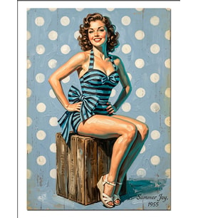 Puantiyeli Pin Up Güzeli Retro Dekoratif Kanvas - Mdf Ahşap Tablo
