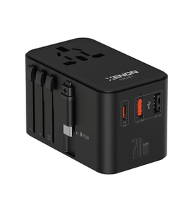 Xenon Smart Priz Dönüştürücü  70W GaN Hızlı Şarj, 200+ Ülke, Dahili USB-C Kablo, USB-C, 2x USB-A (A.Siyah)