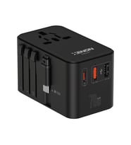 Xenon Smart Priz Dönüştürücü  70W GaN Hızlı Şarj, 200+ Ülke, Dahili USB-C Kablo, USB-C, 2x USB-A (A.Siyah)