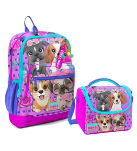 Coral High Dört Bölmeli Kız Çocuk Okul Sırt Çantası ve Beslenme Seti - Pembe Köpek