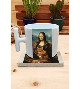 Kediler ve Sanat/Leonardo Da Vinci Mona Lisa Set 9 - T Kulplu Fincan Kupa-Taş Bardak Altlığı 1