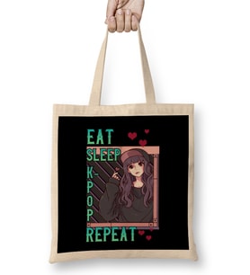 Cute Eat Sleep K-Pop Repeat Korean Music Kpop Girl Bez Çanta Uzun Saplı