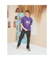 Erkek Bisiklet Yaka Tişört Nakış İşlemeli Kısa Kol Oversize T-Shirt - Mor