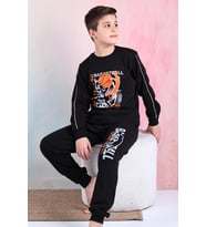 Yeni Sezon Erkek Çocuk Gez Garson Basketball Uzun Kollu Pamuk İnterlok Pijama Takımı 5154-Siyah