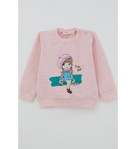 Breeze Kız Çocuk Sweatshirt Sevimli Kız Baskılı 1.5-5 Yaş, Somon Melanj