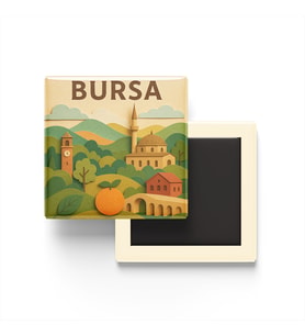 Bursa - Memleket Temalı - Paper Cut Art - Baskılı Buzdolap Magneti Kare - 9x9 cm