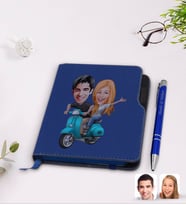 BK Gift Kişiye Özel Sevgililer Karikatürlü Lacivert Termo Deri Defter Kalem Seti-99