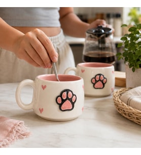 2'li El Yapımı Seramik Kupa Seti, Kedi Desenli Kalp Motifli Stoneware Mug, 200 ml, Kırmızı İçli Doğal Seramik, Çay Kahve Bardağı, Kedi Severlere Hediye (Pembe)
