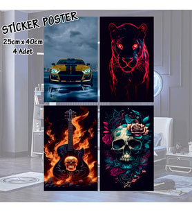 alevli gitar kuru kafa kaplan araba - 4 adet yapışkanlı poster sticker etiketler - dolap cam oda için