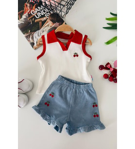 Miniğimin Cicileri Kiraz İşleme Detaylı Kız Bebek 2 li Takım - Kırmızı