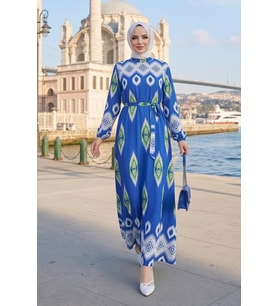 Alera Desenli Viskon Elbise 1720 - Mavi