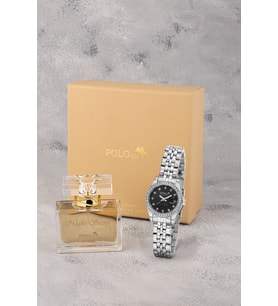 Polo Air Mercek Takvimli Lüx Taşlı Kadın Kol Saati 55 ml Parfüm Hediyelik Kutusunda Set Gümüş Siyah Renk ST-2195S7