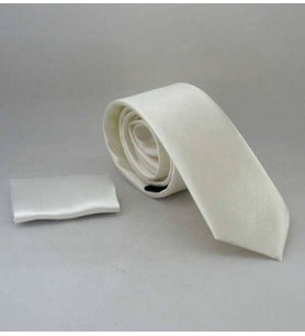 Krem Slim Fit (ince) Düz Renk Mendilli Saten Kravat - SS-33 (Renksiz)