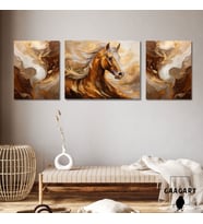 3lü Kanvas Şık Salon Duvar Tablosu Modern Soyut Kahve Gold At